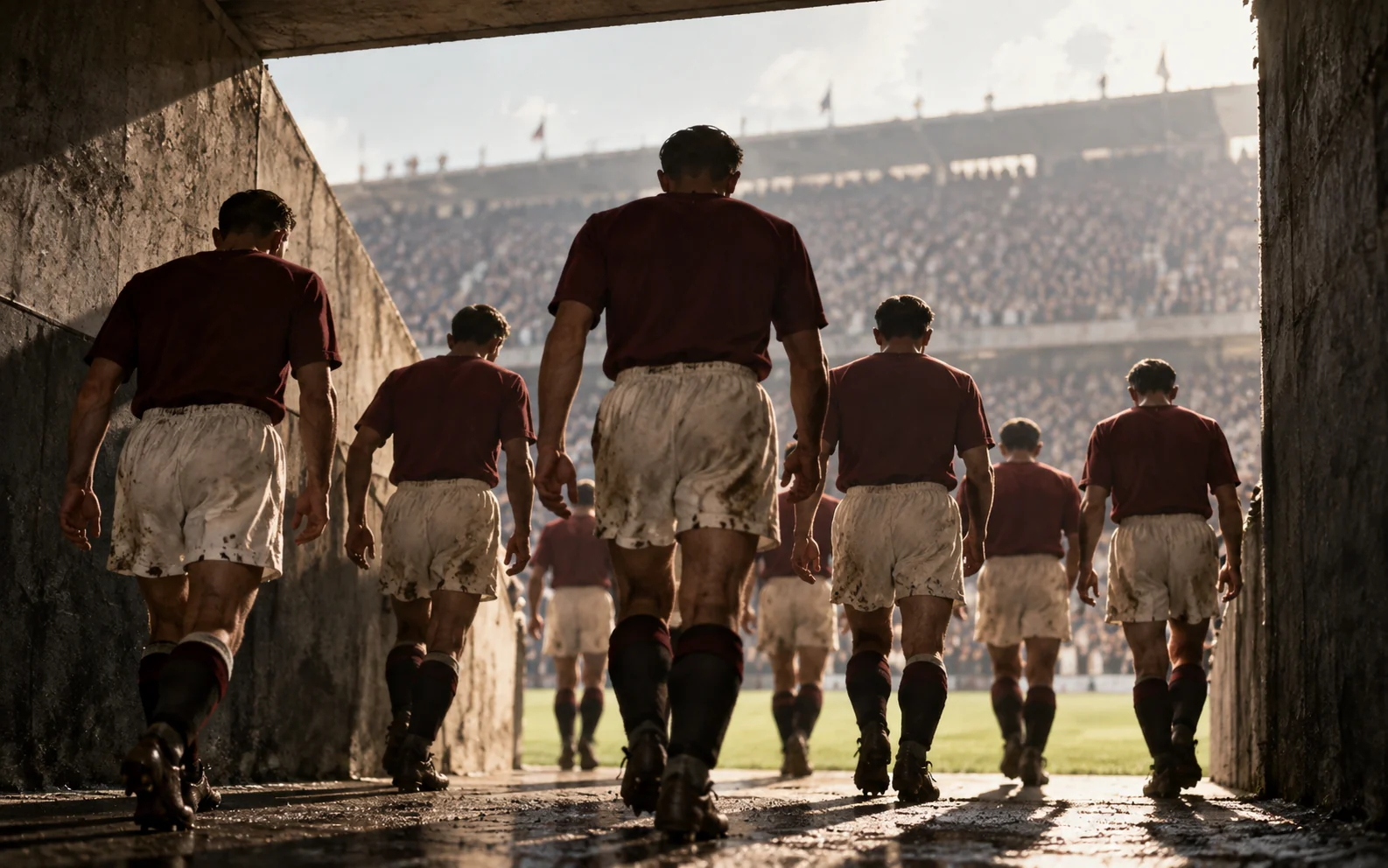 AI-generated illustrative reconstruction: figures in granata shirts walk out of a tunnel towards a packed 1940s pitch