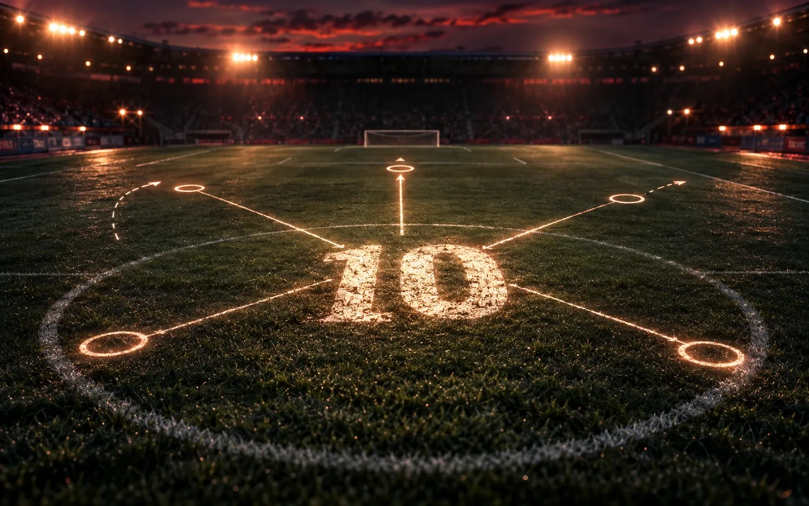 Il numero 10 tracciato su un campo vuoto, con linee tattiche che si diramano verso zone diverse