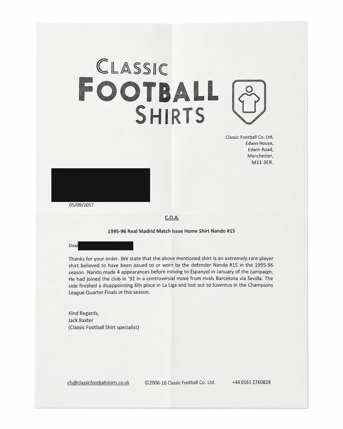 Certificato di autenticità compilato da un rivenditore specializzato per una maglia Real Madrid 1995/96